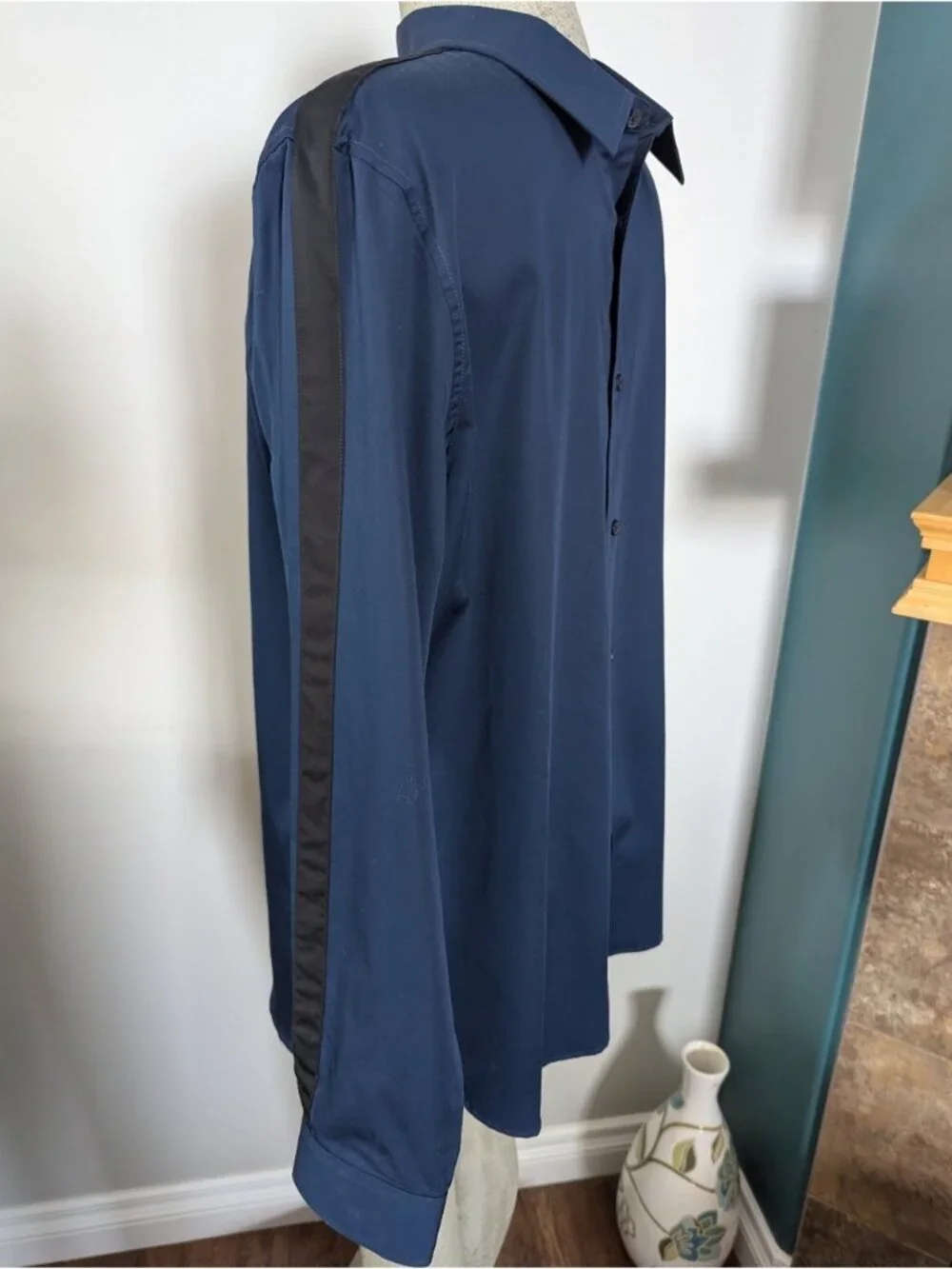 New Calvin Klein Blue Dress Shirt Black Military Stripe Sleeve 100% cotton Sz L